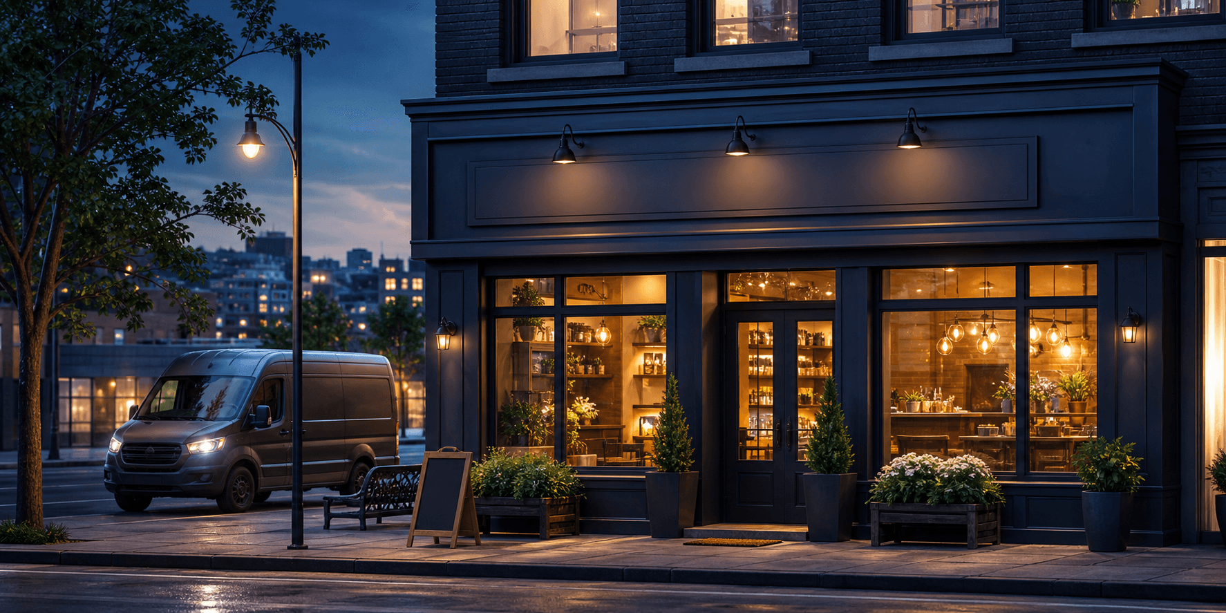 Modern local business storefront at dusk
