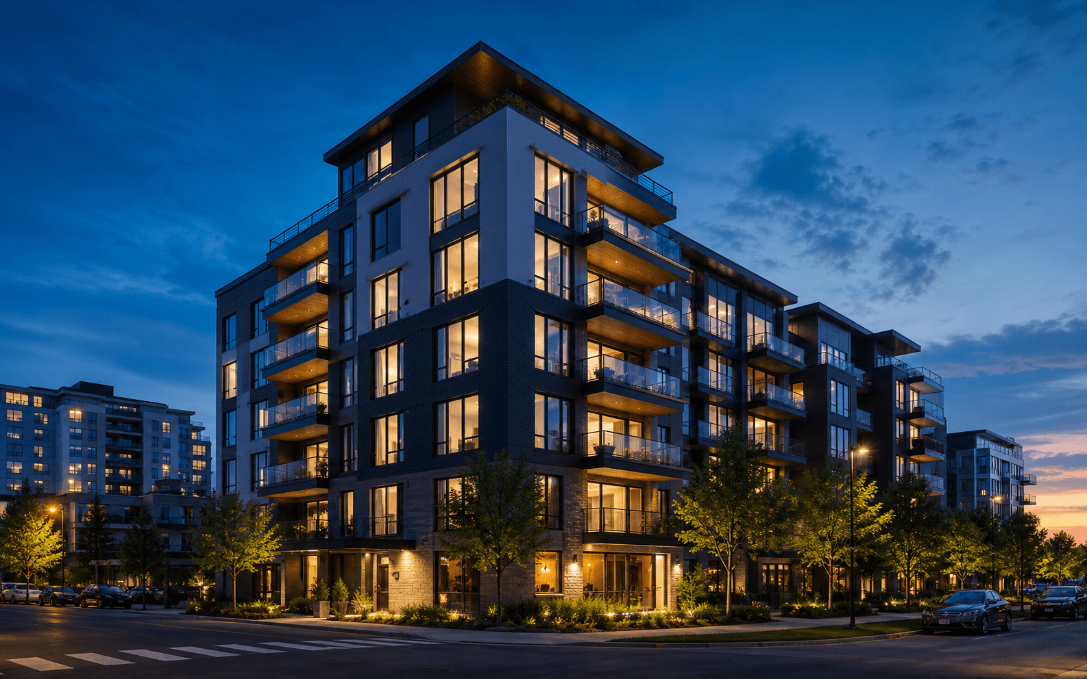 Modern apartment building at dusk